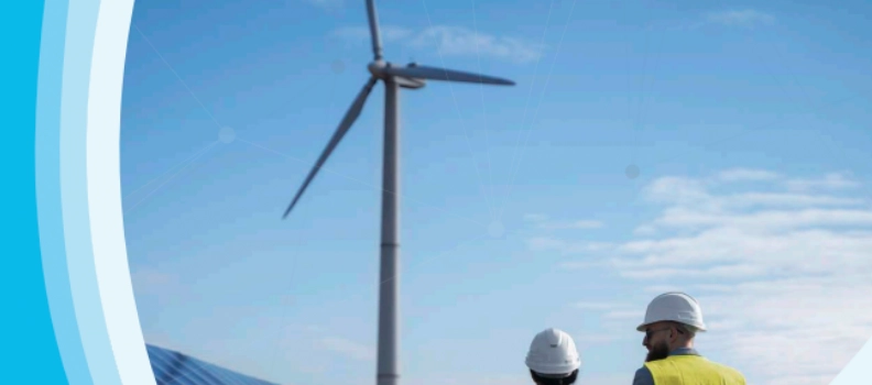 Photo of workers looking at a wind turbine.